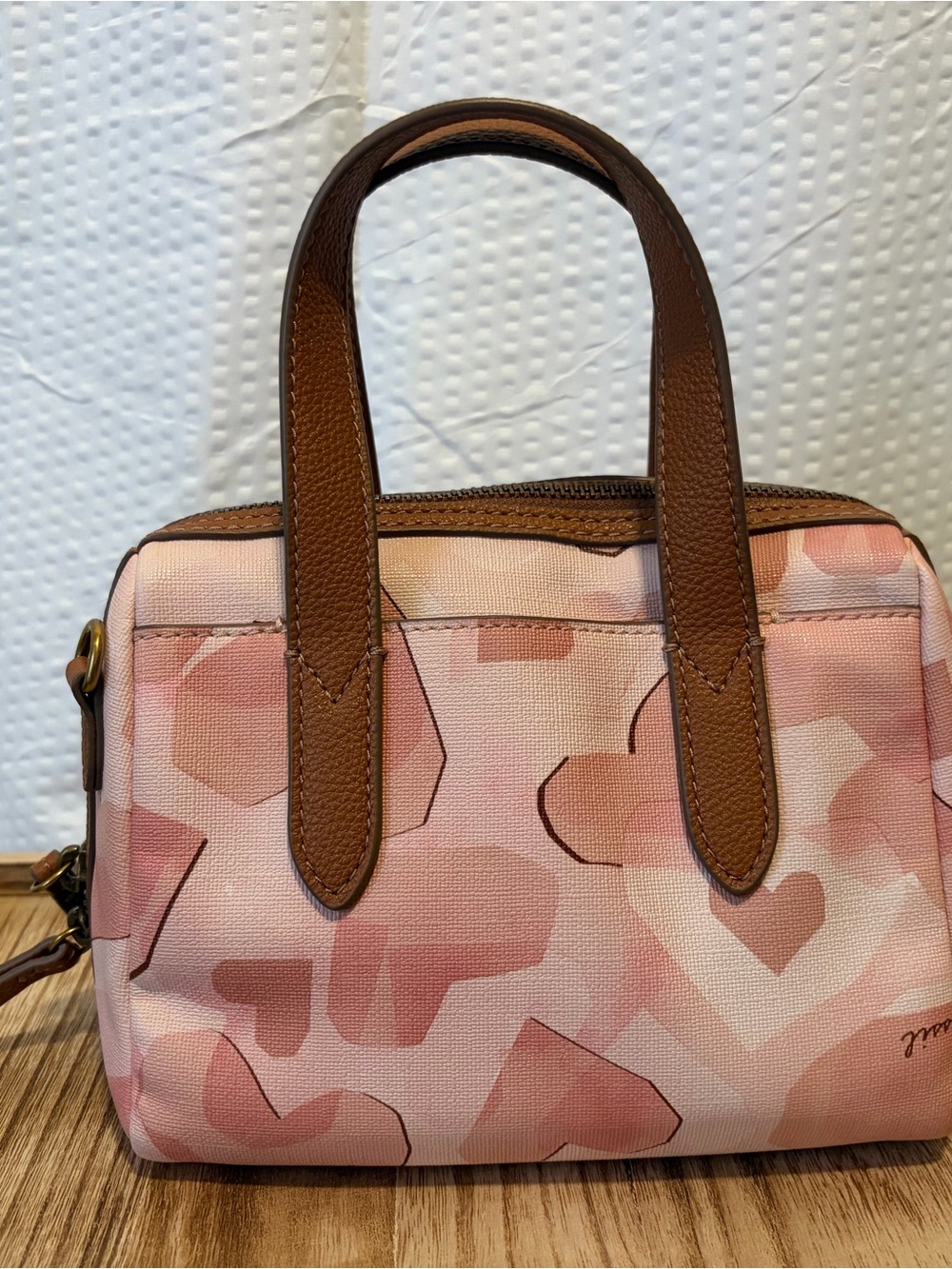 Women’s Fossil Pink Patterned Satchel Bag with Brown Trim